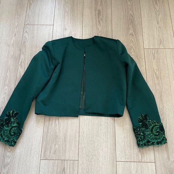Victor Costa Women Cropped Suit Jacket Sequined Long Sleeve Open Front Green - Picture 3 of 12